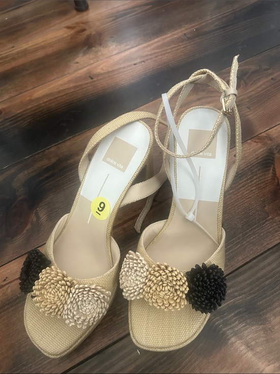Dolce Vita Shoes - Dolce Vita Beige Slide Sandals with Black and Beige Pom-Poms